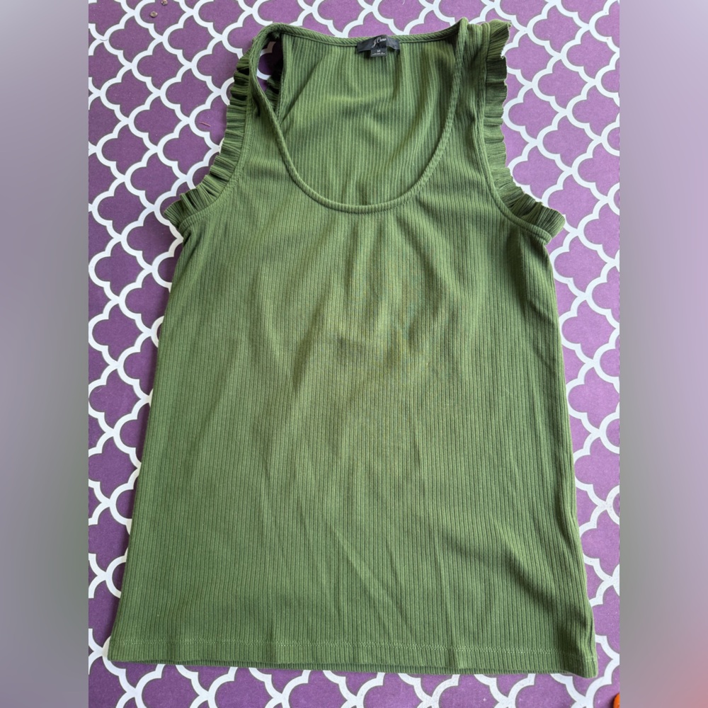 J.Crew Dark Green Evergreen Sleeveless Tank with Ruffles